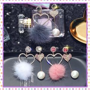 Crystals heart fur ball rhinestone earrings